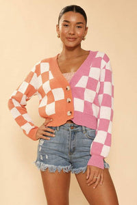 Two-tone Checkered Cropped Knit Cardigan