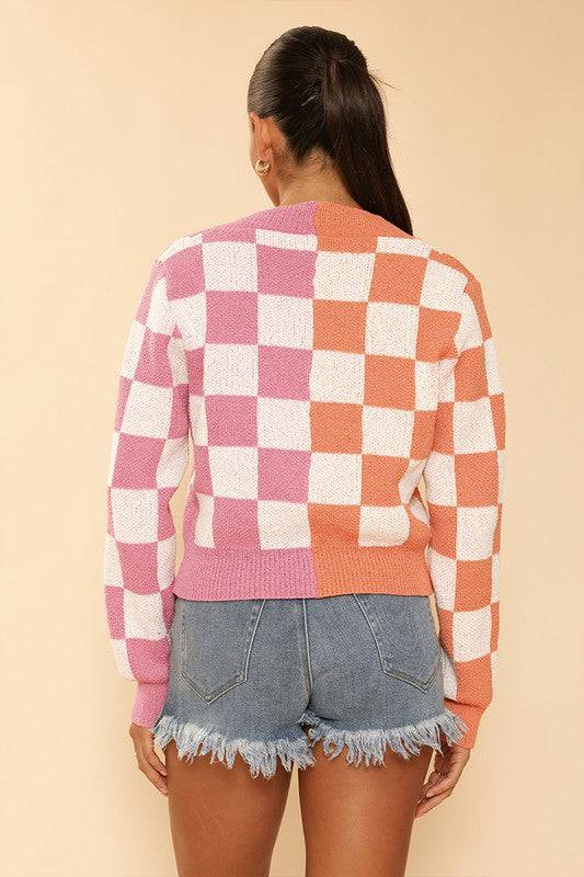 Two-tone Checkered Cropped Knit Cardigan