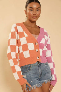 Two-tone Checkered Cropped Knit Cardigan