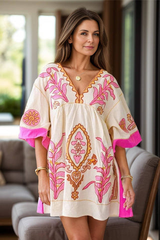 Printed V-Neck Three-Quarter Sleeve Mini Dress - 1985 the VAULT Boutique