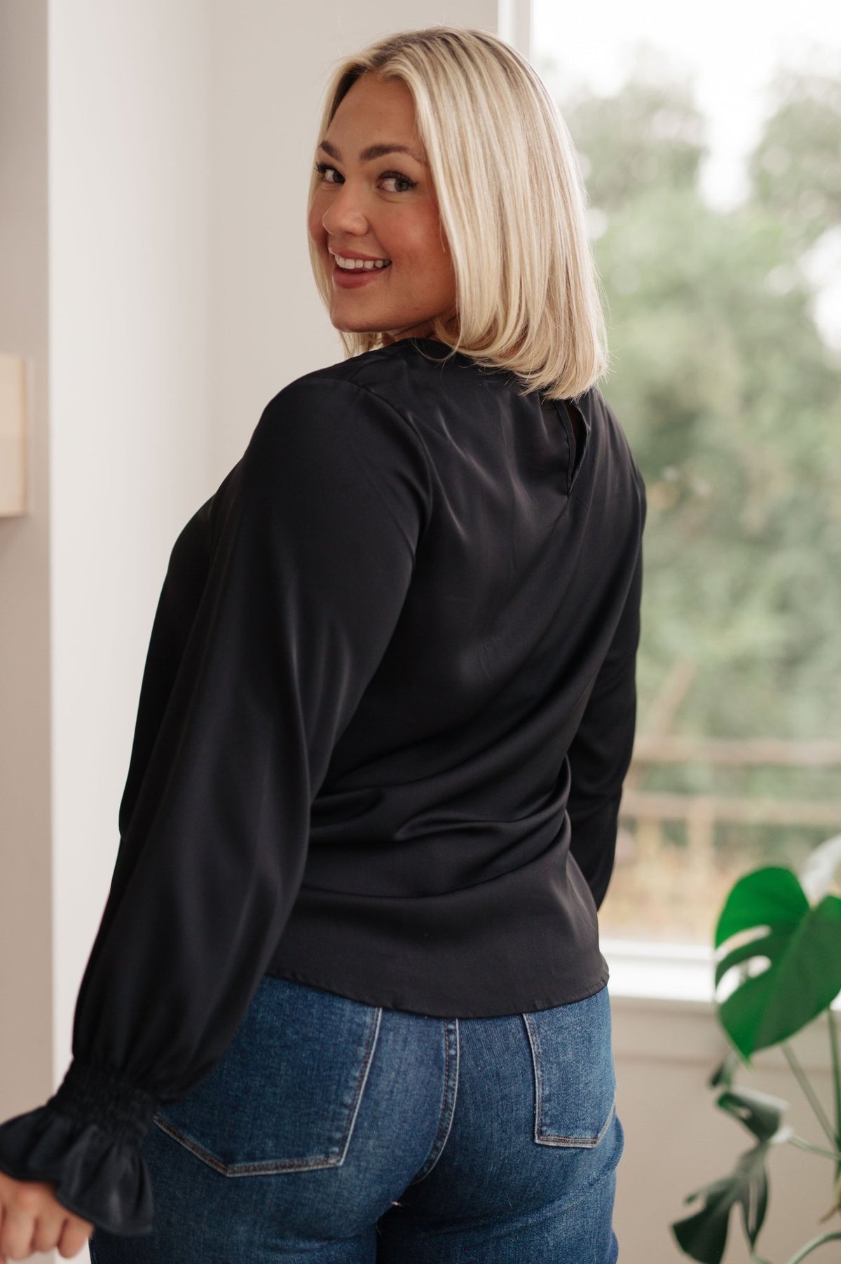 Peaceful Moments Smocked Sleeve Blouse in Black - Happily Ever Atchison Shop Co.