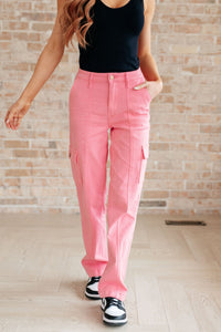 Peggy High Rise Cargo Straight Jeans in Pink - Happily Ever Atchison Shop Co.