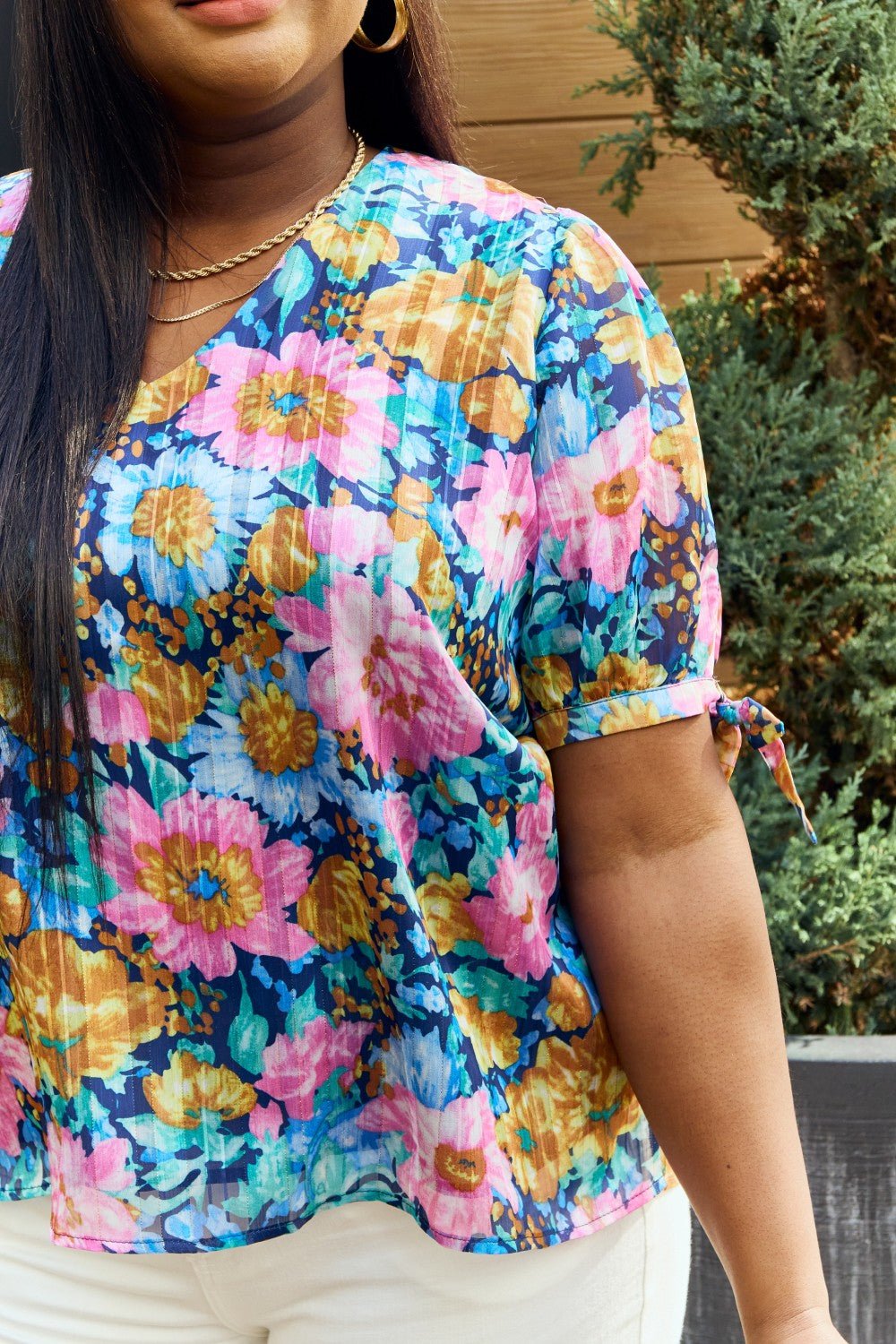 Petal Dew Full Size Floral V - Neck Tie Detail Blouse - Happily Ever Atchison Shop Co.