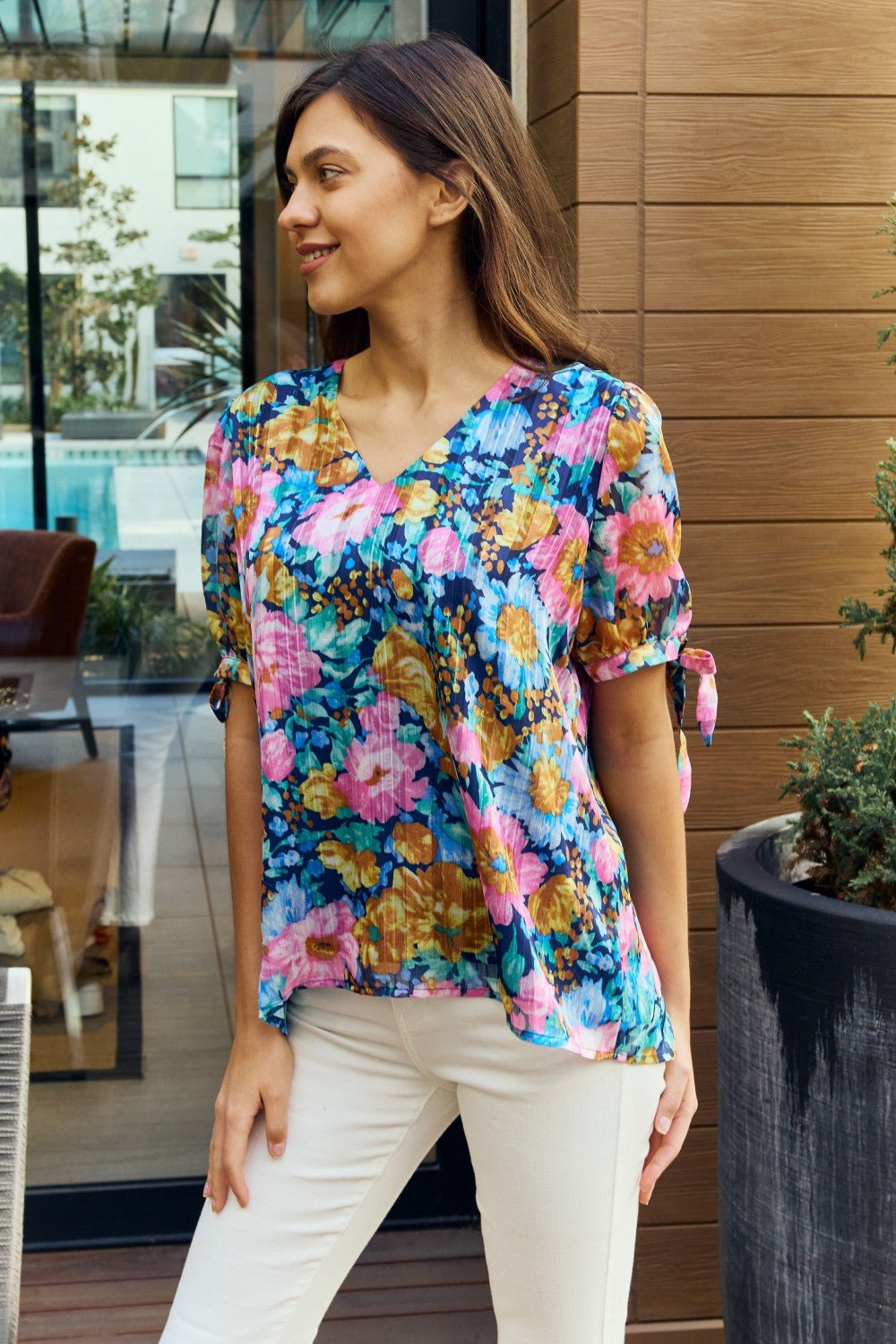 Petal Dew Full Size Floral V - Neck Tie Detail Blouse - Happily Ever Atchison Shop Co.