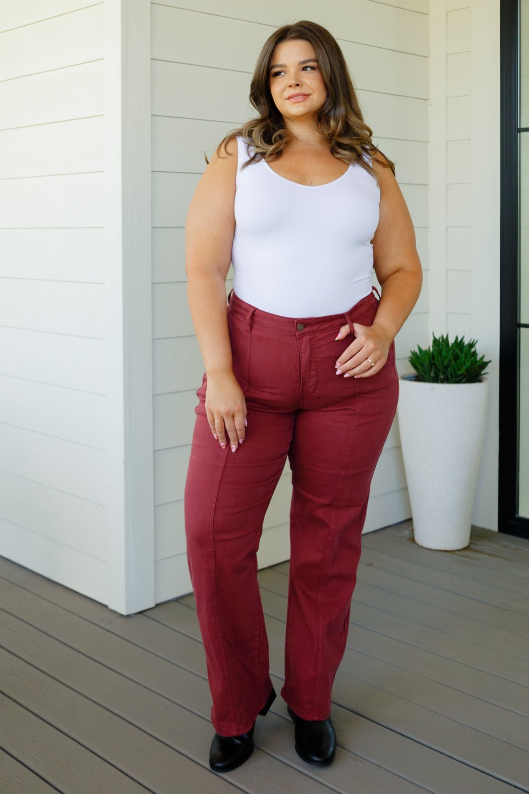 Phoebe High Rise Front Seam Straight Jeans in Burgundy - Happily Ever Atchison Shop Co.