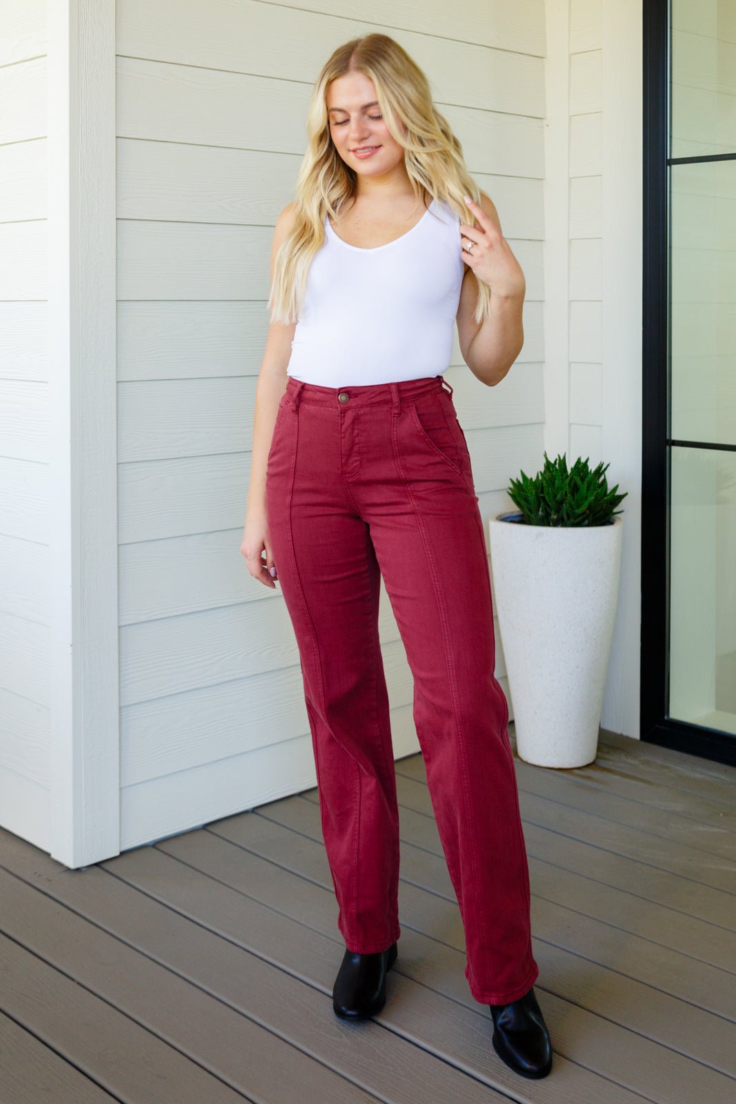 Phoebe High Rise Front Seam Straight Jeans in Burgundy - Happily Ever Atchison Shop Co.