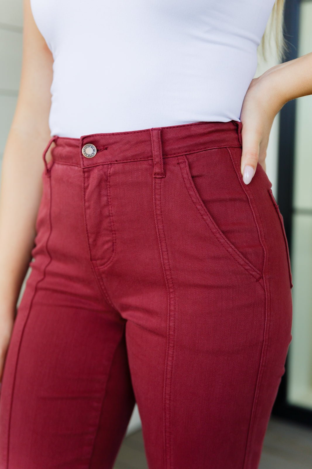 Phoebe High Rise Front Seam Straight Jeans in Burgundy - Happily Ever Atchison Shop Co.