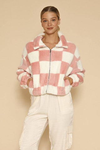 Fuzzy Checkered Zip Front Jacket - 1985 the VAULT Boutique