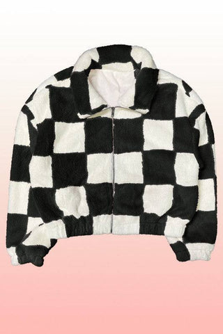 Fuzzy Checkered Zip Front Jacket - 1985 the VAULT Boutique