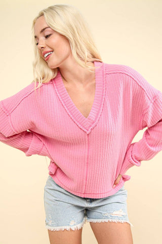 VERY J Exposed Seam V-Neck Ribbed Knit Top - 1985 the VAULT Boutique