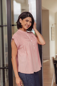 Pleat Detail Button Up Blouse in Pink - Happily Ever Atchison Shop Co.