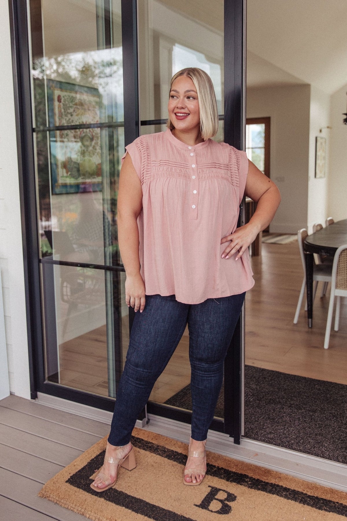 Pleat Detail Button Up Blouse in Pink - Happily Ever Atchison Shop Co.