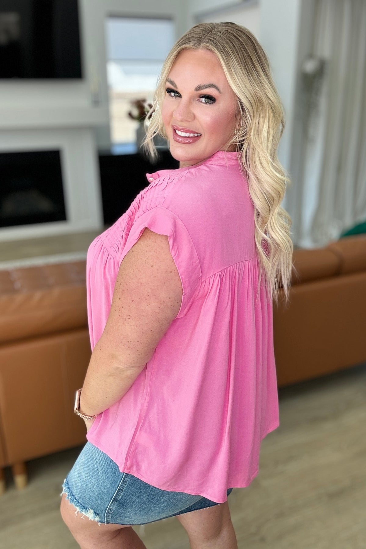 Pleat Detail Button Up Blouse in Pink Cosmos - Happily Ever Atchison Shop Co.