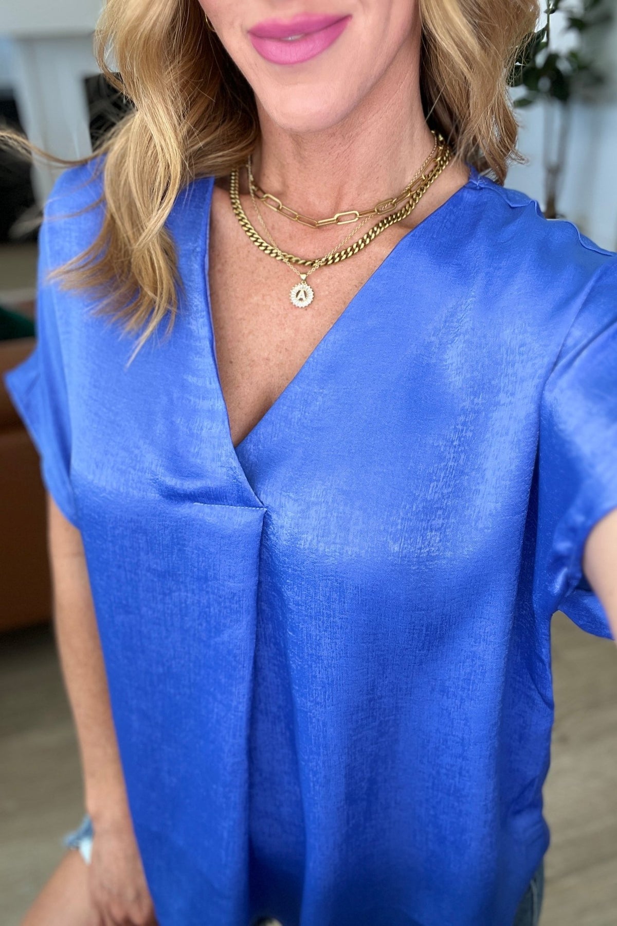 Pleat Front V - Neck Top in Royal Blue - Happily Ever Atchison Shop Co.