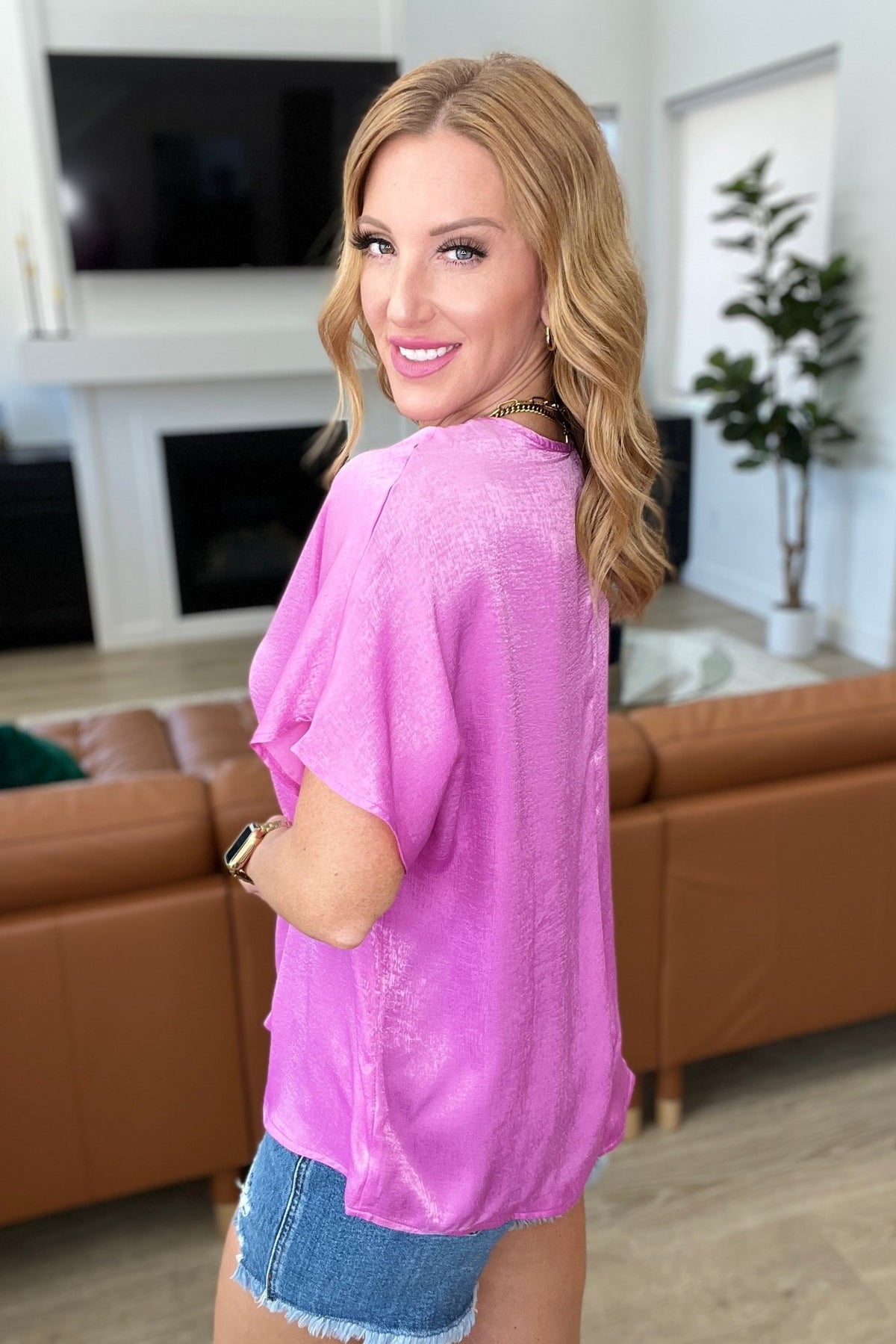 Pleat Front V - Neck Top in Spring Orchid - Happily Ever Atchison Shop Co.