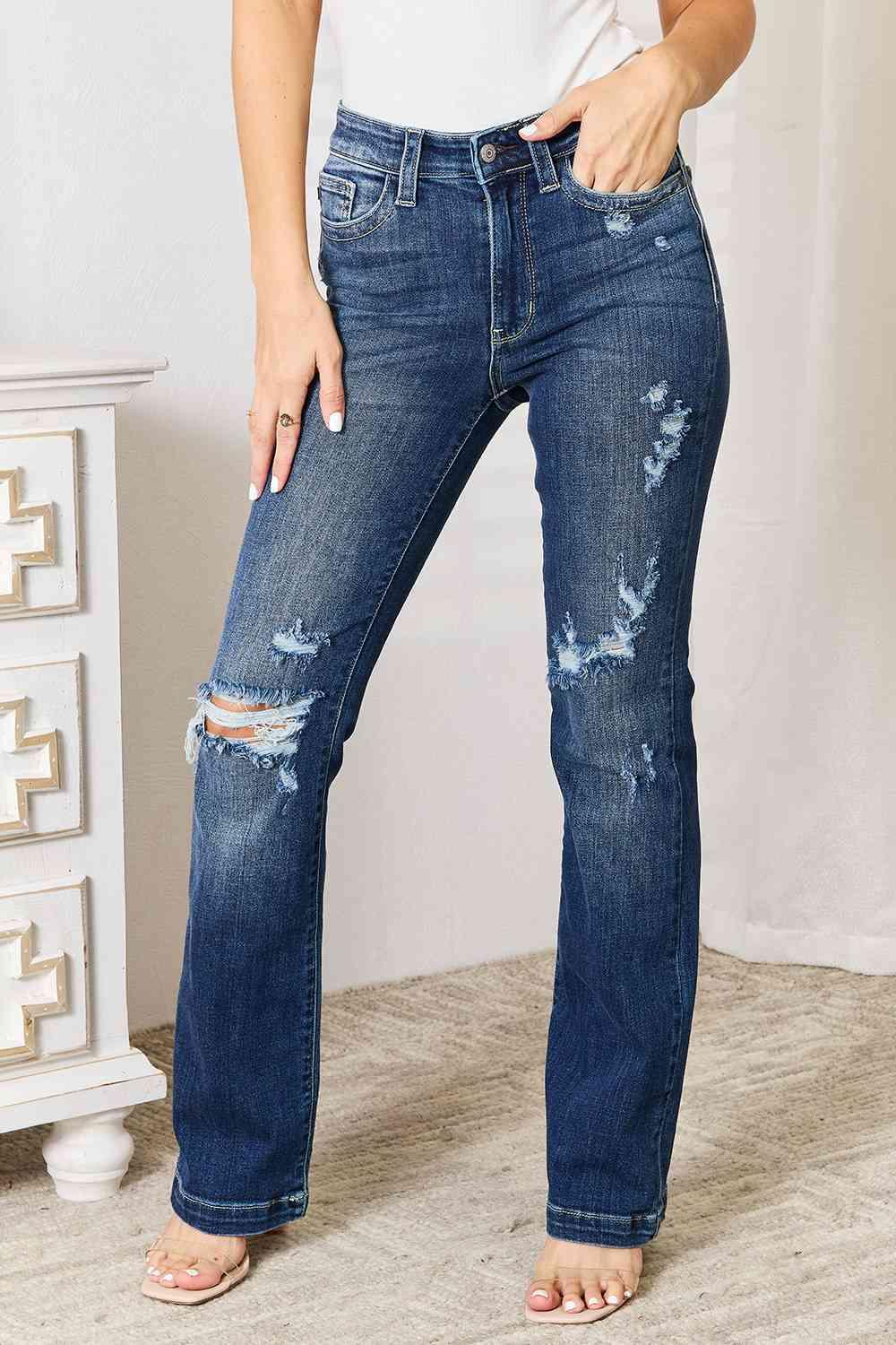 Judy Blue Full Size Mid Rise Hand Sand & Destroy Bootcut Jeans - 1985 the VAULT Boutique