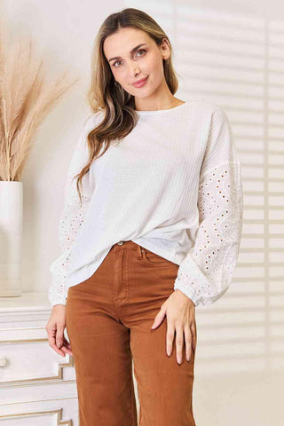 Double Take Eyelet Dropped Shoulder Round Neck Blouse - 1985 the VAULT Boutique