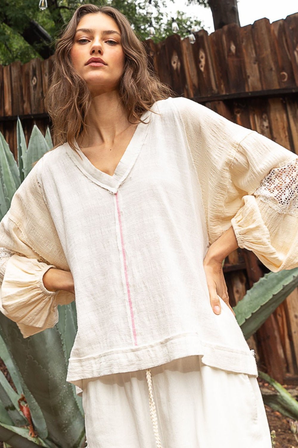 POL Balloon Sleeve Crochet Patch Top - Happily Ever Atchison Shop Co.