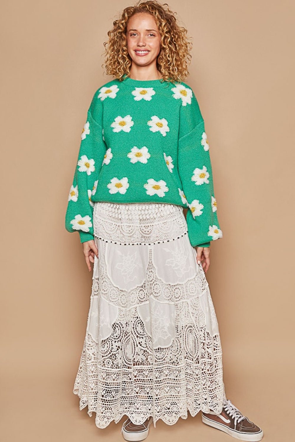 POL Daisy Pattern Drop Shoulder Sweater - Happily Ever Atchison Shop Co.