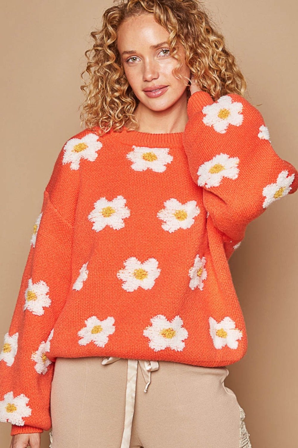 POL Daisy Pattern Drop Shoulder Sweater - Happily Ever Atchison Shop Co.