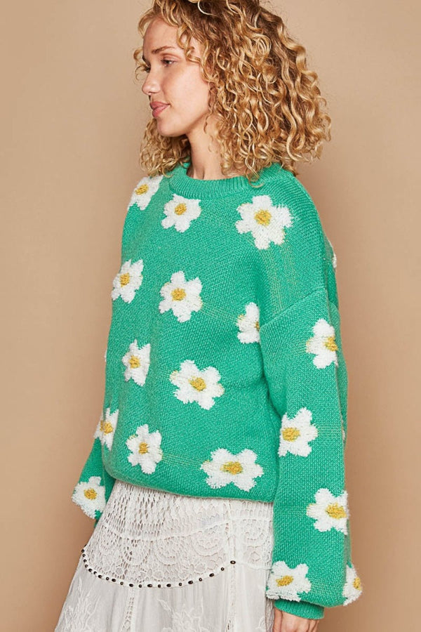 POL Daisy Pattern Drop Shoulder Sweater - Happily Ever Atchison Shop Co.