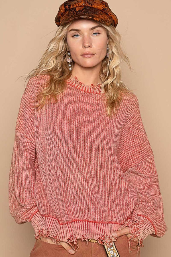 POL Distressed Washed Drop Shoulder Sweater - Happily Ever Atchison Shop Co.