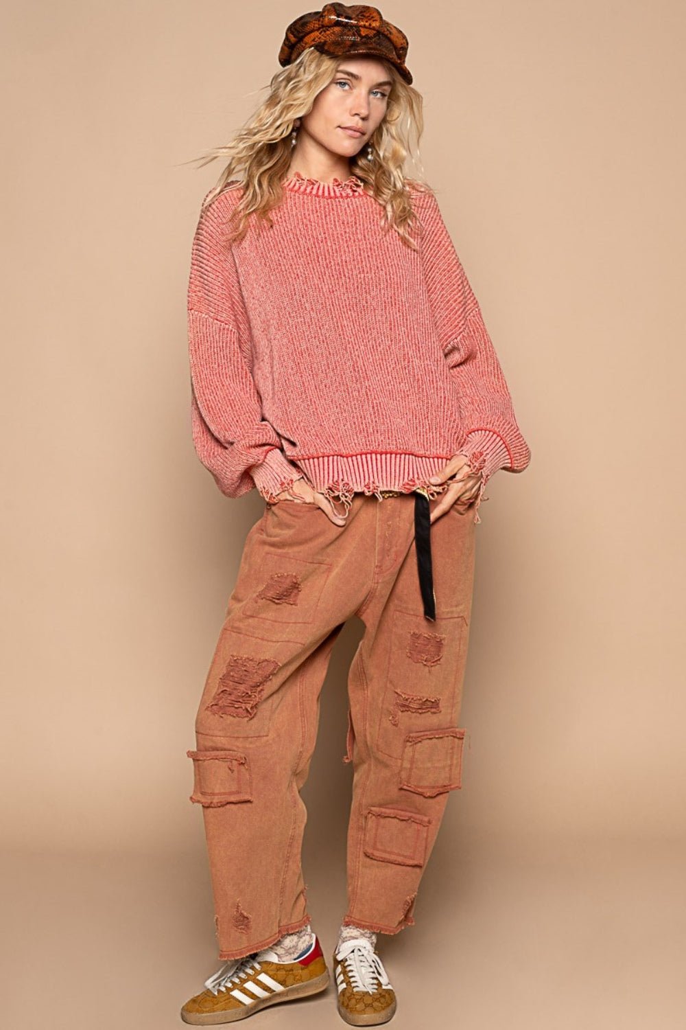 POL Distressed Washed Drop Shoulder Sweater - Happily Ever Atchison Shop Co.