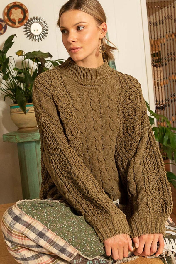 POL Mock Neck Cable Knit Sweater - Happily Ever Atchison Shop Co.