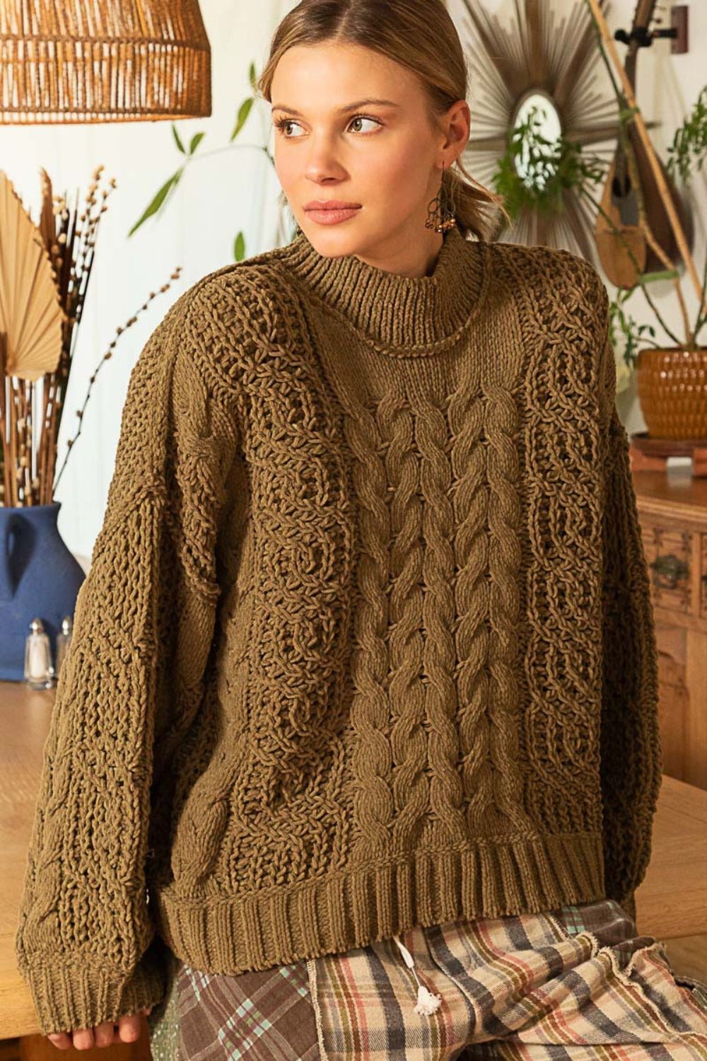 POL Mock Neck Cable Knit Sweater - Happily Ever Atchison Shop Co.