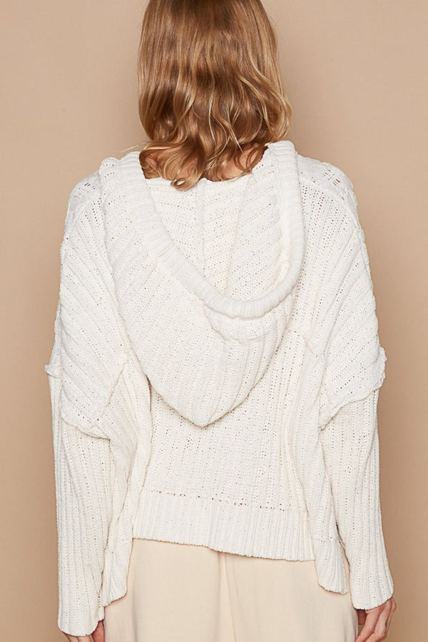 POL Rib Weave Sleeves Hooded Cable Knit Sweater - Happily Ever Atchison Shop Co.