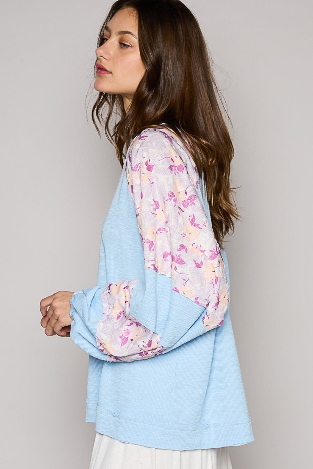 POL Round Neck Balloon Floral Long Sleeve Top - Happily Ever Atchison Shop Co.