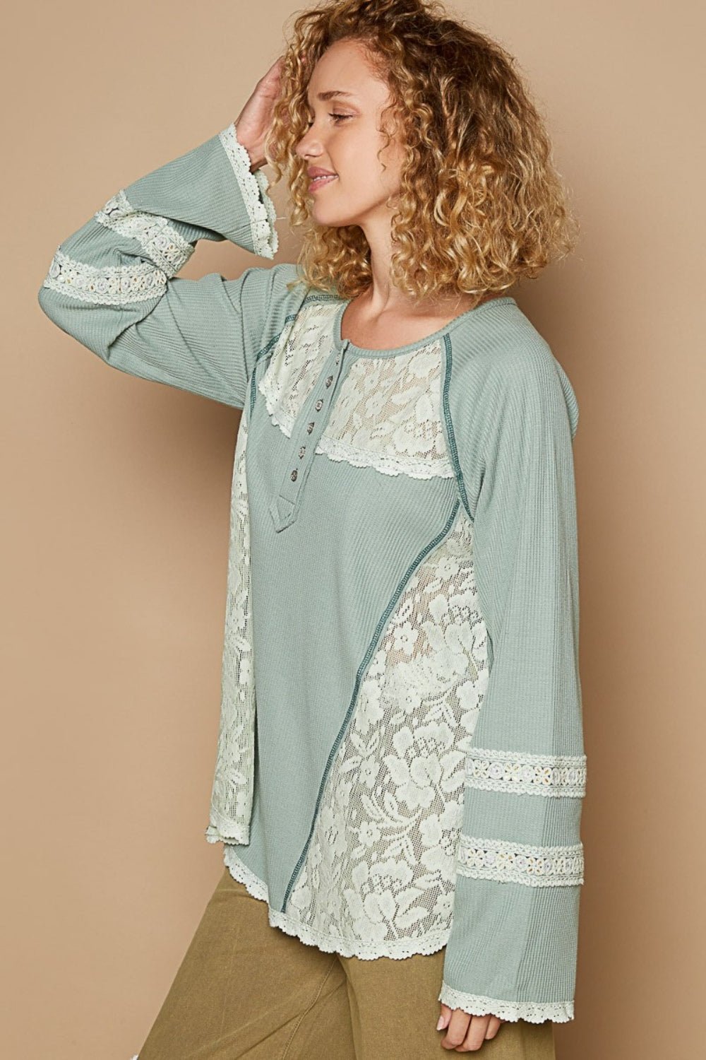 POL Round Neck Long Sleeve Lace Trim Thermal Top - Happily Ever Atchison Shop Co.