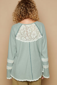 POL Round Neck Long Sleeve Lace Trim Thermal Top - Happily Ever Atchison Shop Co.