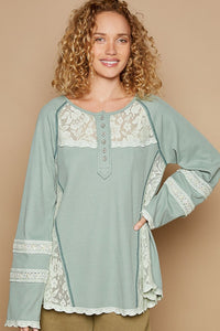 POL Round Neck Long Sleeve Lace Trim Thermal Top - Happily Ever Atchison Shop Co.