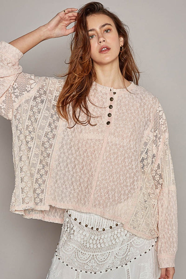 POL Round Neck Long Sleeve Raw Edge Lace Top - Happily Ever Atchison Shop Co.