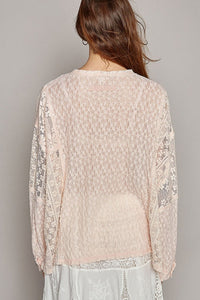 POL Round Neck Long Sleeve Raw Edge Lace Top - Happily Ever Atchison Shop Co.