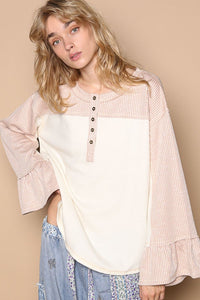 POL Striped Flounce Sleeve Exposed Seam Top - Happily Ever Atchison Shop Co.