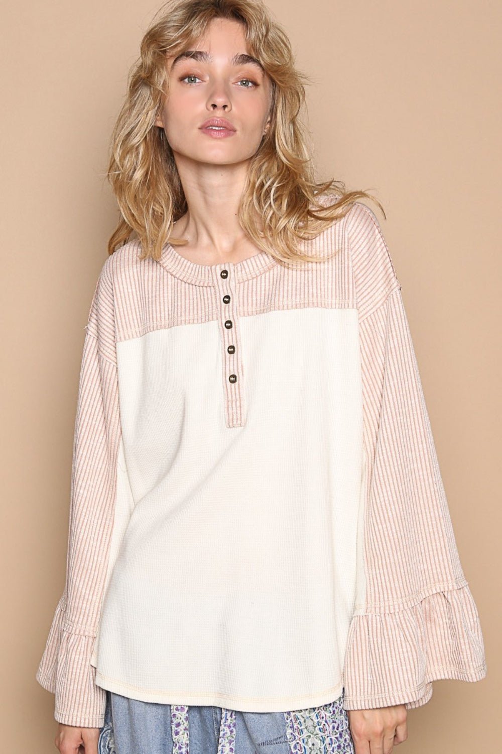 POL Striped Flounce Sleeve Exposed Seam Top - Happily Ever Atchison Shop Co.