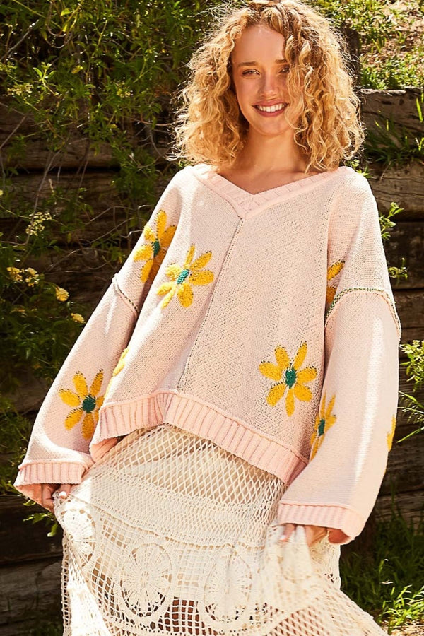 POL V - Neck Floral Pattern Chenille Sweater - Happily Ever Atchison Shop Co.