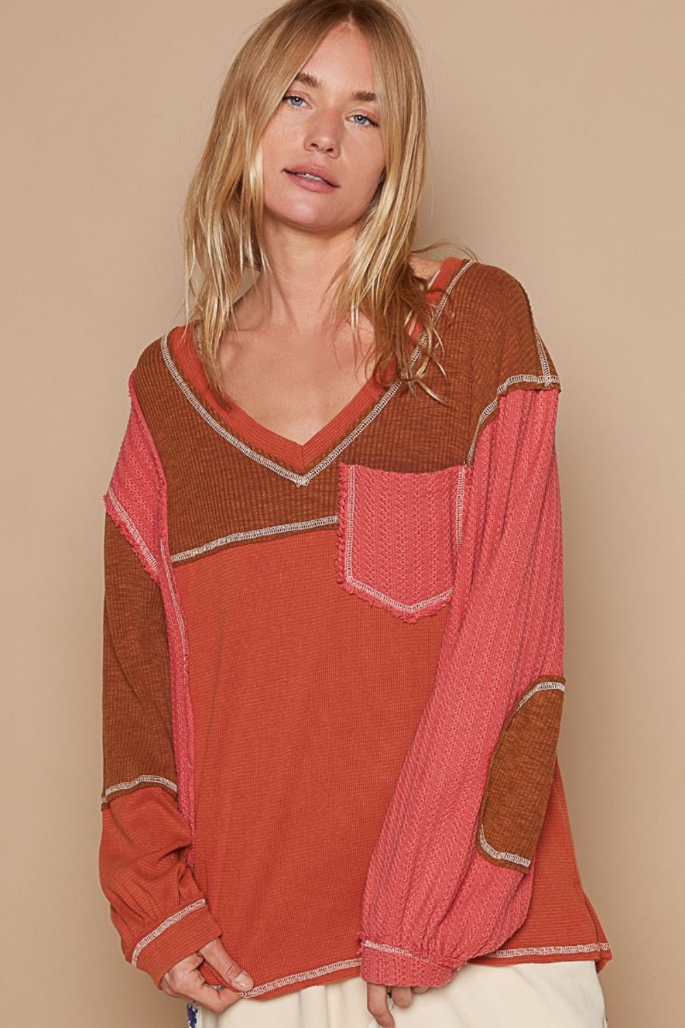 POL V - Neck Knit Panel Exposed Seam Top - Happily Ever Atchison Shop Co.