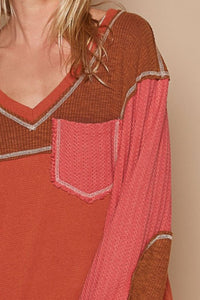 POL V - Neck Knit Panel Exposed Seam Top - Happily Ever Atchison Shop Co.