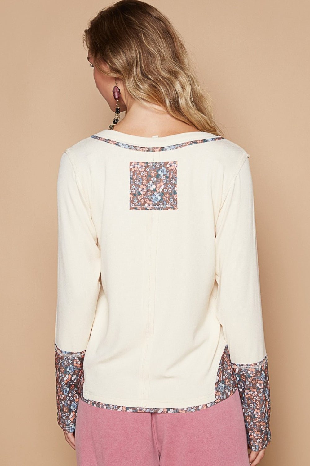 POL V - Neck Long Sleeve Floral Number Patch T-Shirt - Happily Ever Atchison Shop Co.