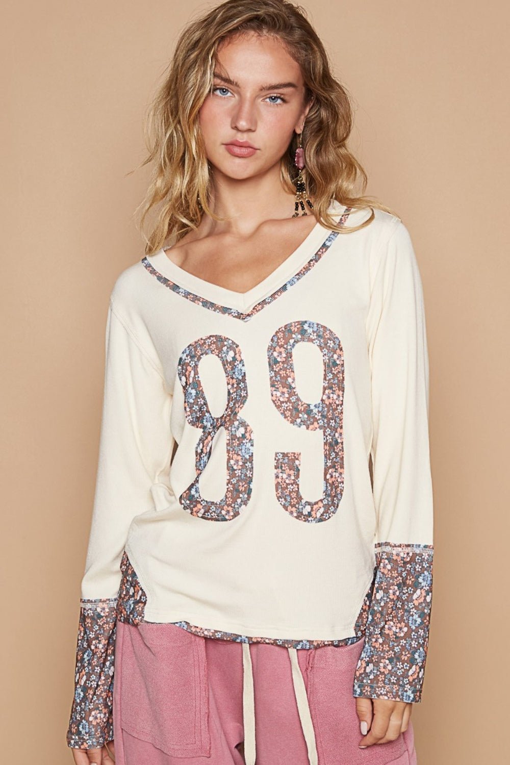 POL V - Neck Long Sleeve Floral Number Patch T-Shirt - Happily Ever Atchison Shop Co.