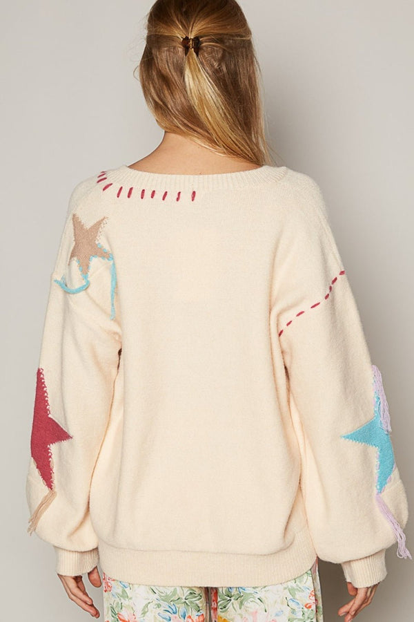 POL V - Neck Long Sleeve Star Fringe Sweater - Happily Ever Atchison Shop Co.