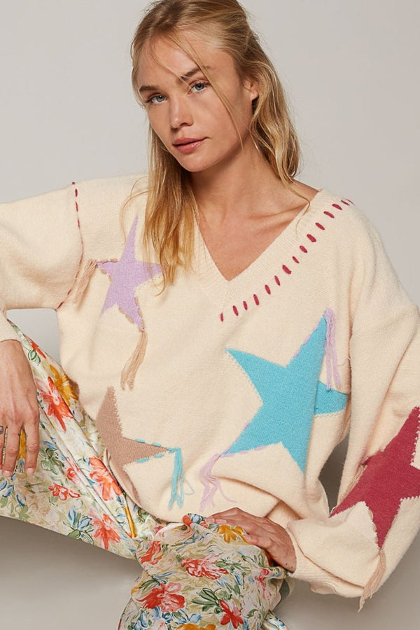 POL V - Neck Long Sleeve Star Fringe Sweater - Happily Ever Atchison Shop Co.