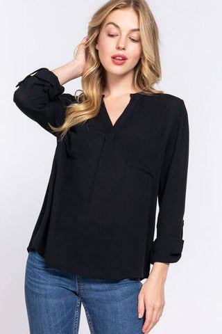 ACTIVE BASIC Full Size Notched Long Sleeve Woven Top - 1985 the VAULT Boutique