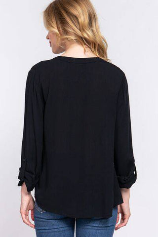 ACTIVE BASIC Full Size Notched Long Sleeve Woven Top - 1985 the VAULT Boutique