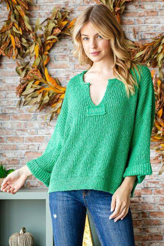 Veveret Notched Long Sleeve Sweater - 1985 the VAULT Boutique