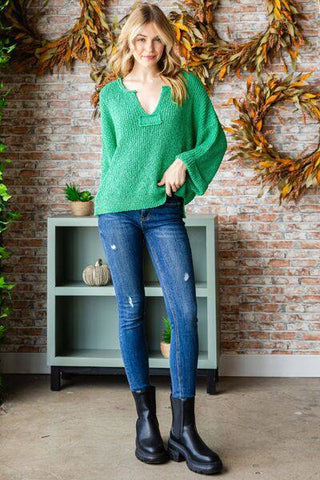 Veveret Notched Long Sleeve Sweater - 1985 the VAULT Boutique