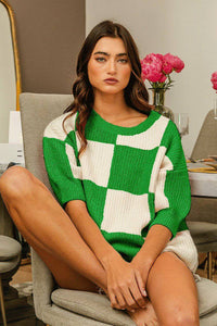 BiBi Checkered Contrast Round Neck Sweater - 1985 the VAULT Boutique